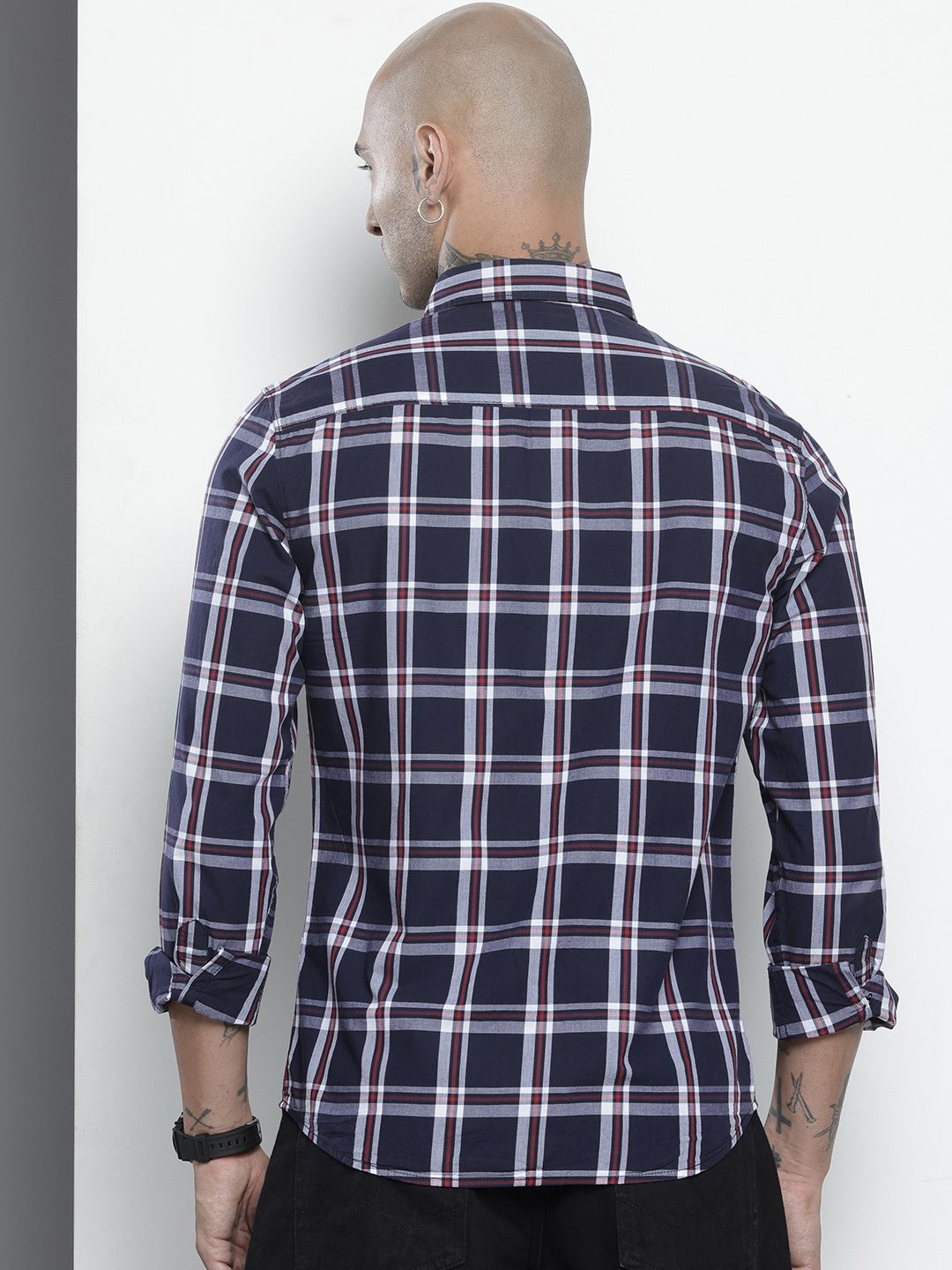 Men's Navy Blue Slim Fit Checked Casual Shirt