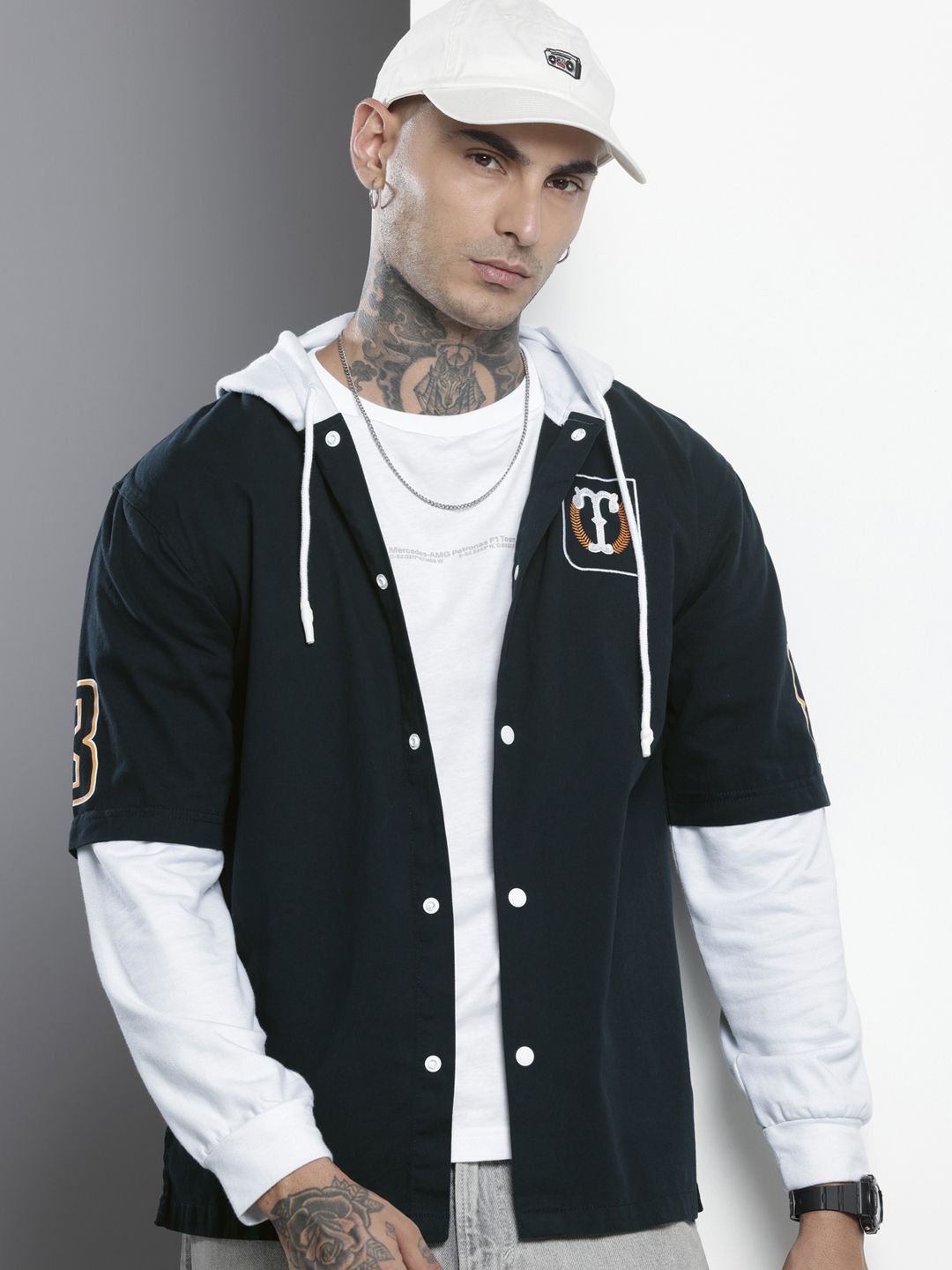 Men's Navy Blue Regular Fit Graphic Print Street Wear Overshirt