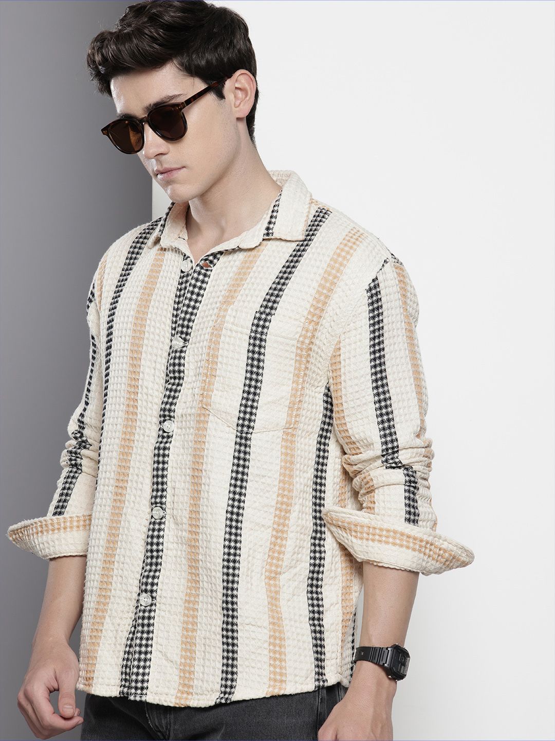 Men's Cream Relaxed Fit Textured Casual Shirt