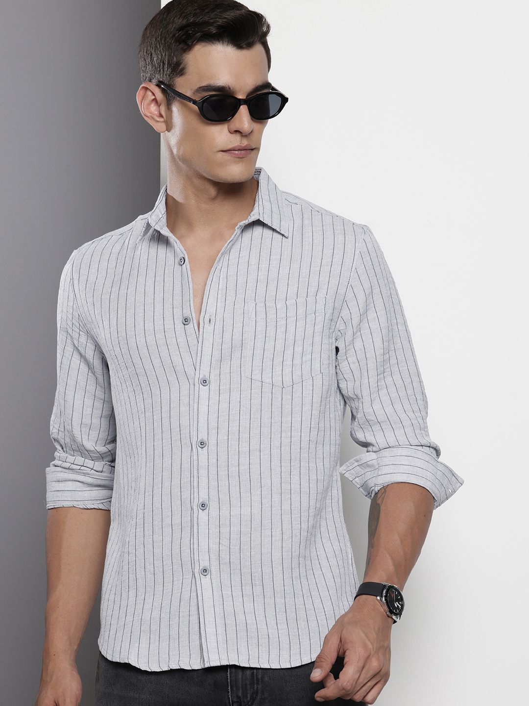 Men's Grey Slim Fit Striped Casual Shirt
