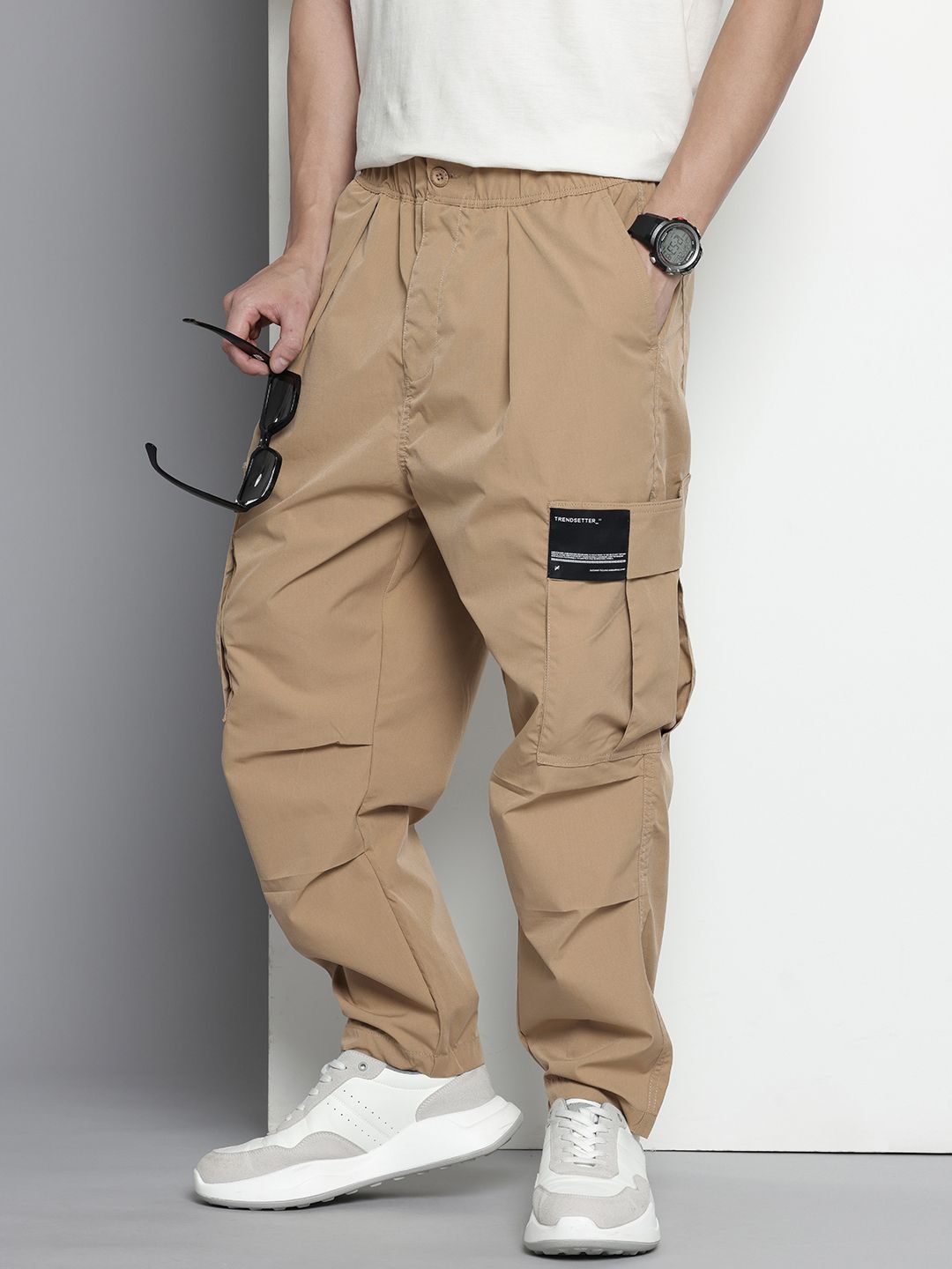 Men's Khaki Loose Fit Textured Utility Cargo