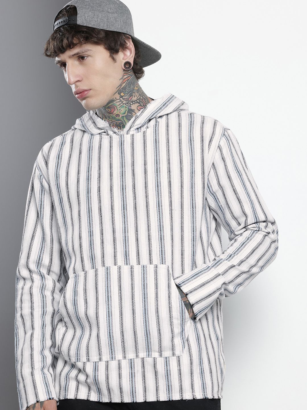 Men's Grey Relaxed Fit Vertical Stripes Resort Wear Shirt