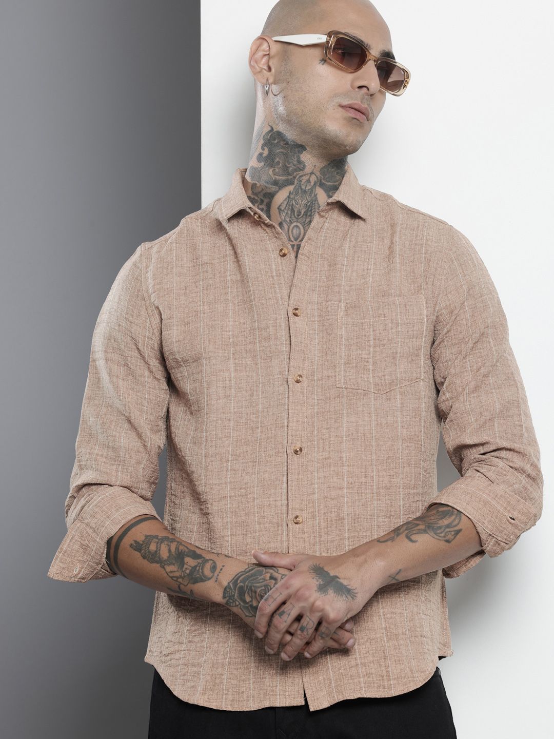 Men's Brown Slim Fit Vertical Striped Casual Shirt