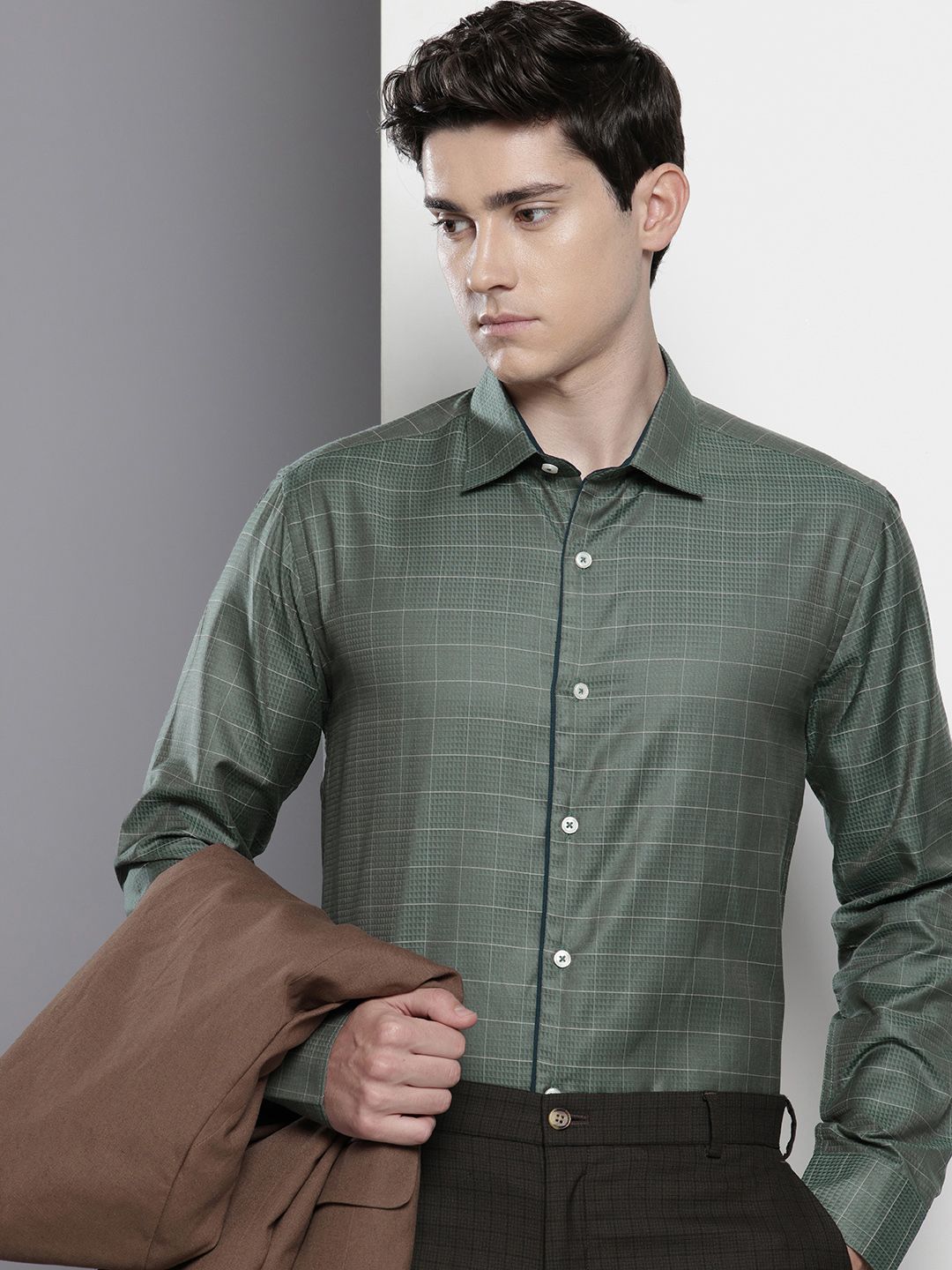 Men's Olive Slim Fit Checked Formal Shirt