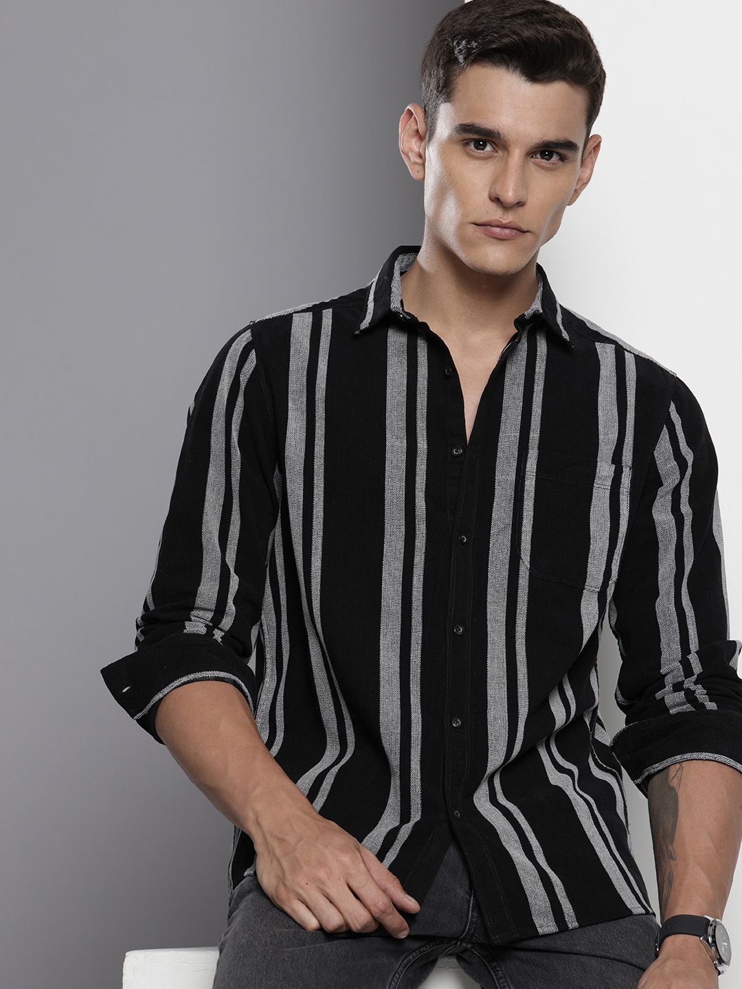 Men's Black Regular Fit Striped Casual Overshirt