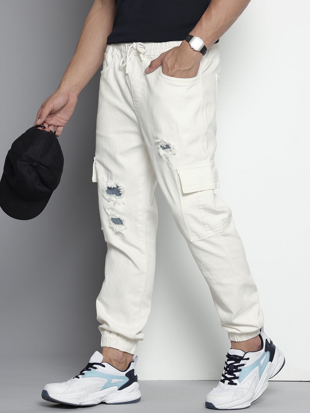 Men's White Regular Fit Solid Stretchable Denim Joggers