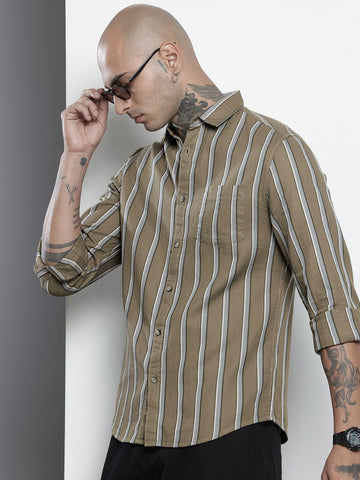 Men's Olive Slim Fit Striped Casual Shirt