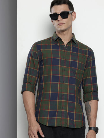 Men's Green Slim Fit Checked Casual Shirt