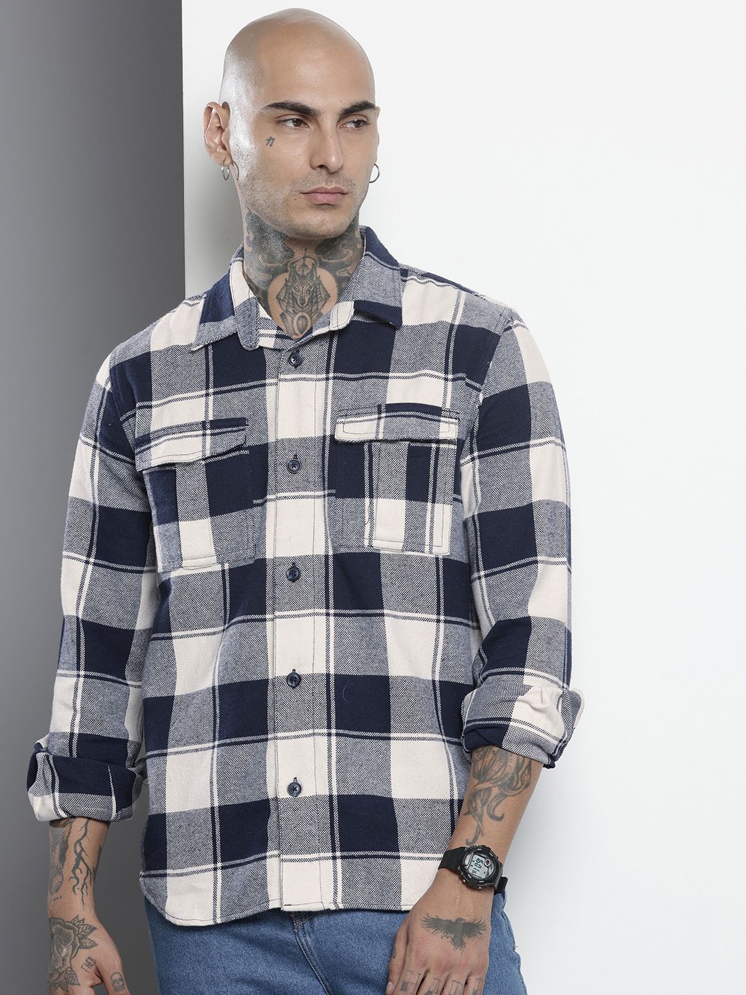 Men's Navy Blue Regular Fit Checked Casual Shirt