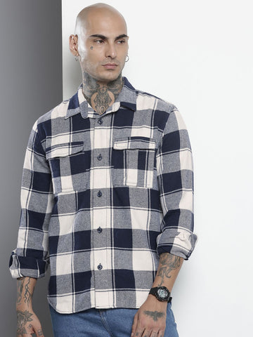 Men's Navy Blue Regular Fit Checked Casual Shirt
