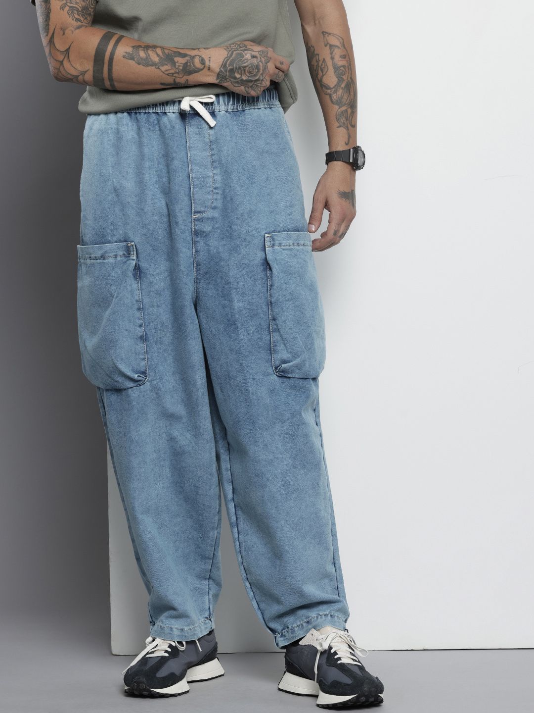 Men's Blue Loose Solid Denim Cargo Harem Pants