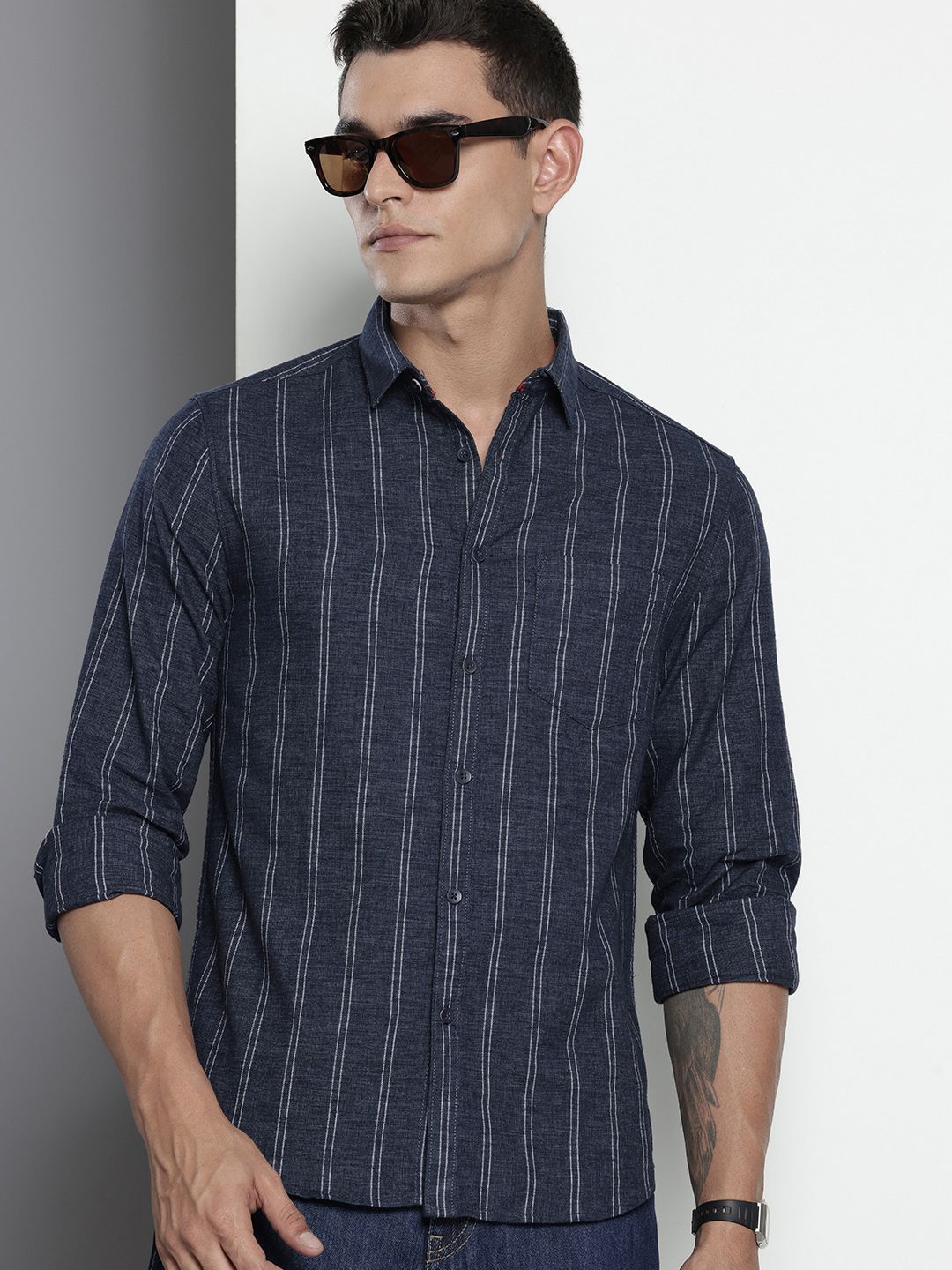 Men's Navy Blue Slim Fit Striped Casual Shirt