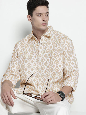 Men's Beige Relaxed Fit Printed Vintage Shirt
