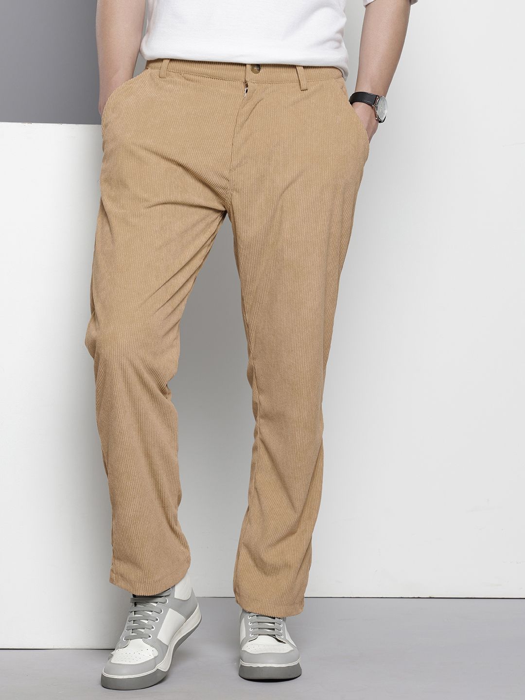 Men's Light Khaki Regular Fit Textured Casual Trouser