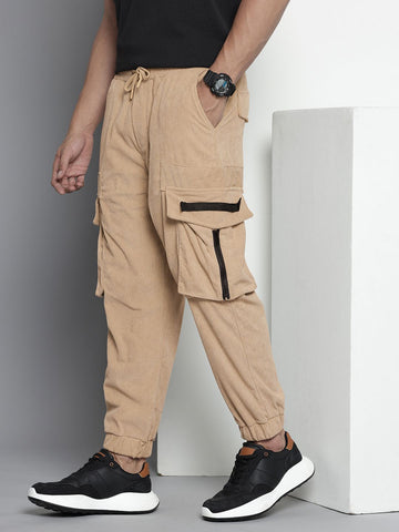 Men's Khaki Relaxed Fit Textured Corduroy Loose Joggers