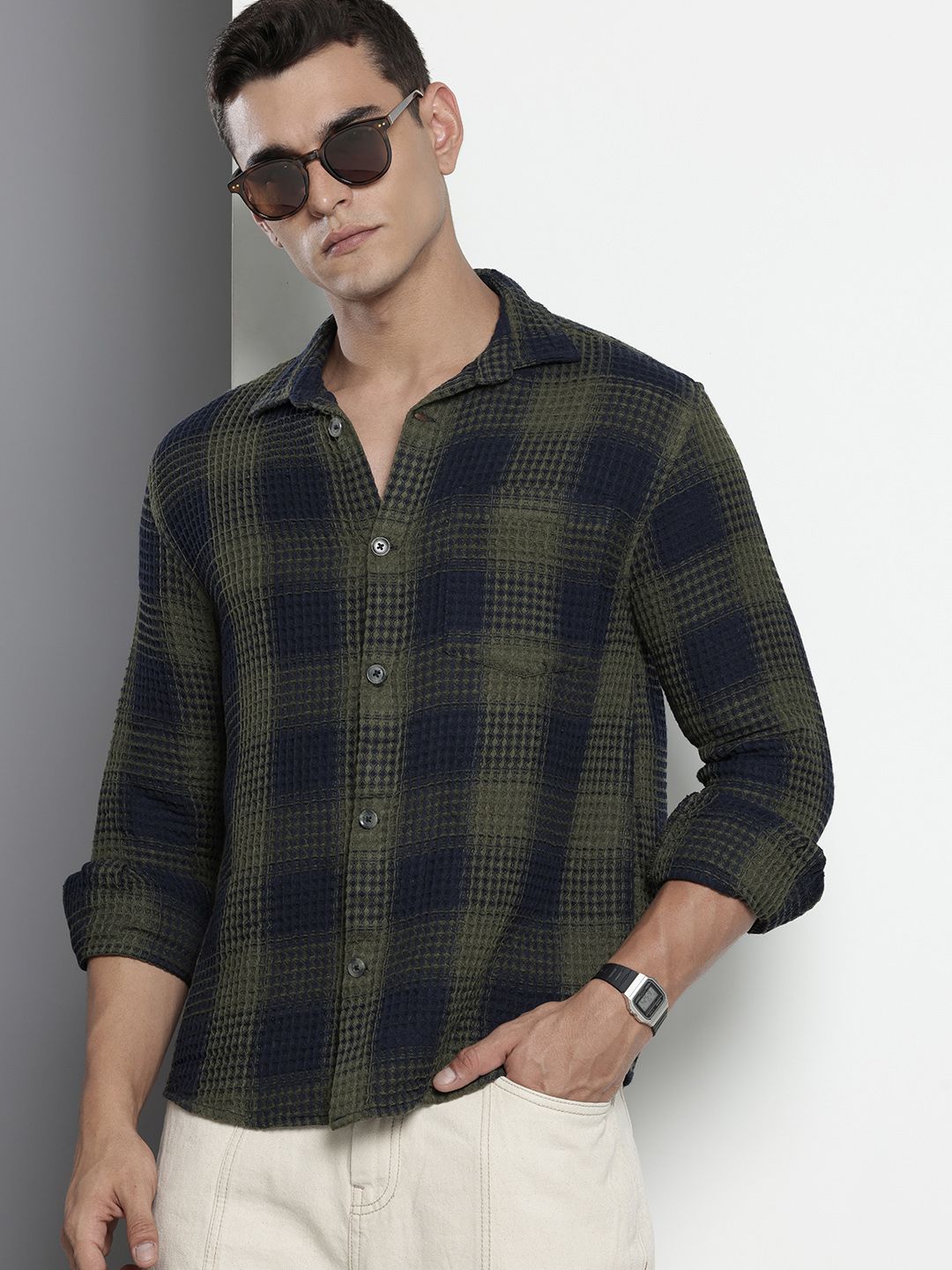 Men's Olive Relaxed Fit Textured Casual Shirt