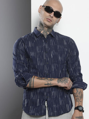 Men's Navy Blue Slim Fit Striped Casual Shirt