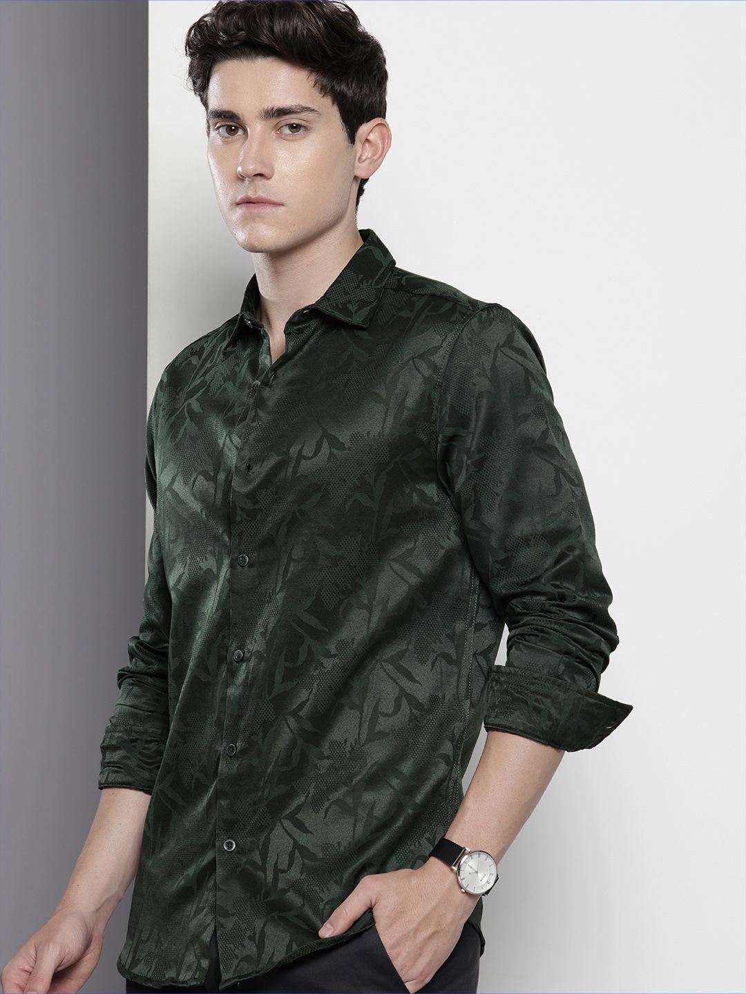 Men's Green Slim Fit Textured Party Wear Shirt