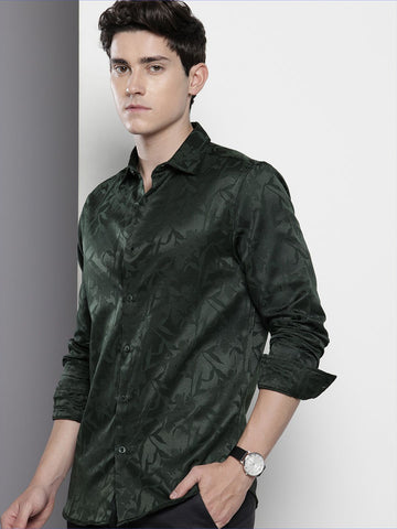 Men's Green Slim Fit Textured Party Wear Shirt