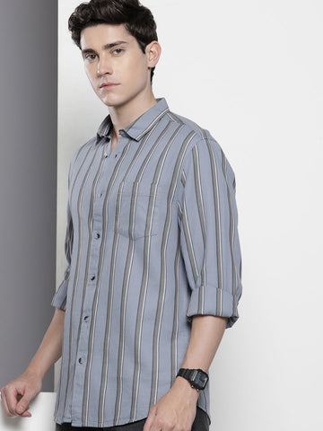 Men's Grey Slim Fit Striped Casual Shirt