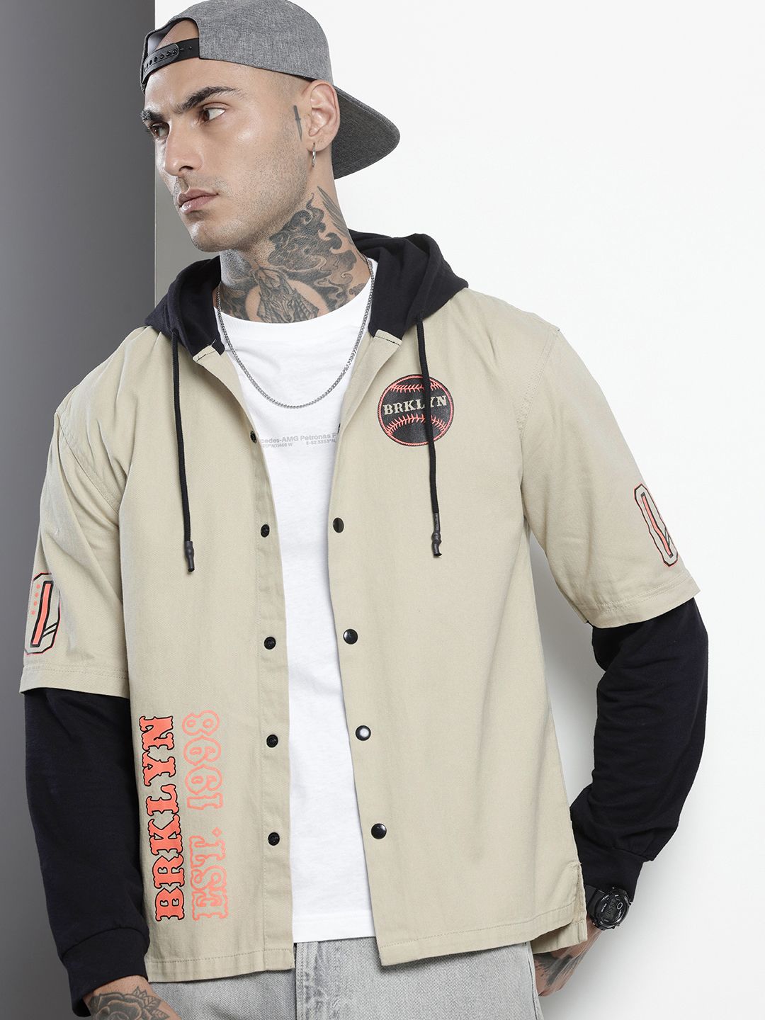 Men's Cream Regular Fit Graphic Print Street Wear Overshirt