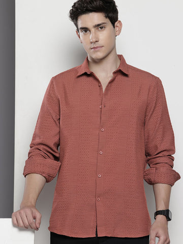 Men's Rust Regular Fit Solid Textured Shirt