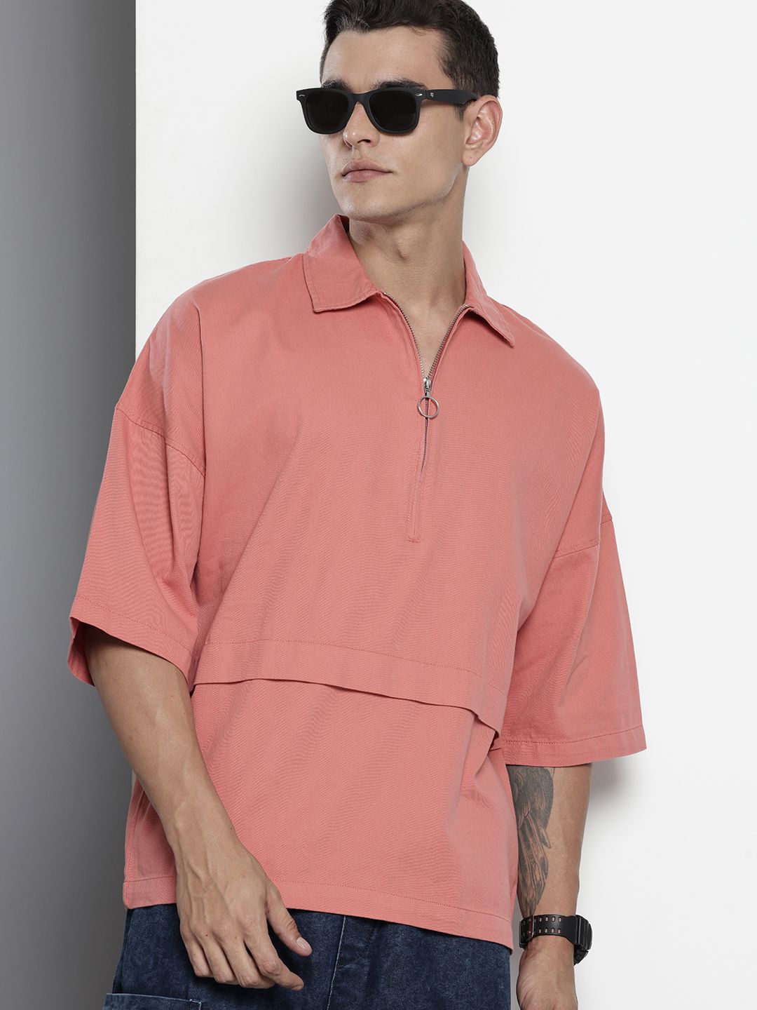 Men's Pink Oversized Solid Street Wear Shirt