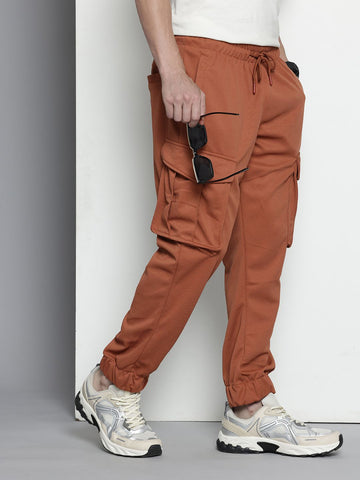 Men's Brown Relaxed Fit Textured Cargo Joggers