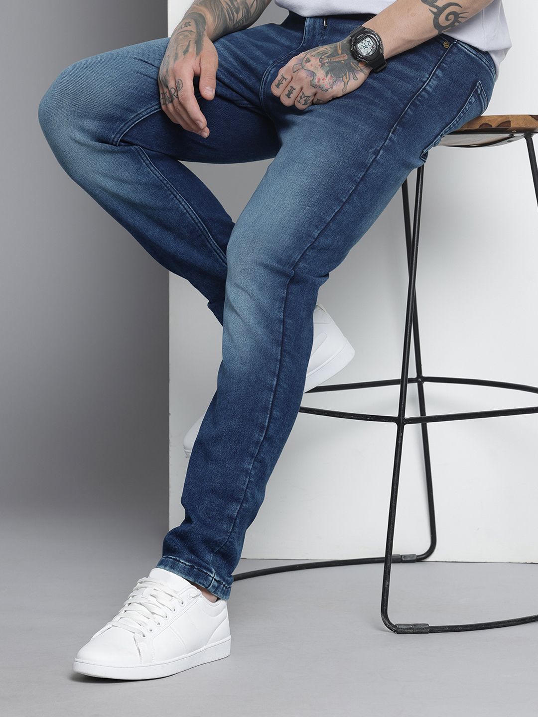 Men's Blue Regular Fit Solid Denim Joggers