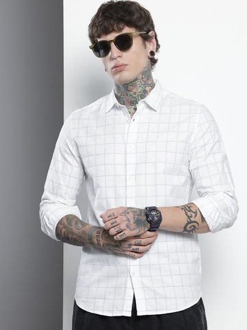 Men's White Slim Fit Checked Casual Shirt