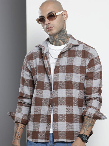 Men's Brown Relaxed Fit Checked Textured Shirt