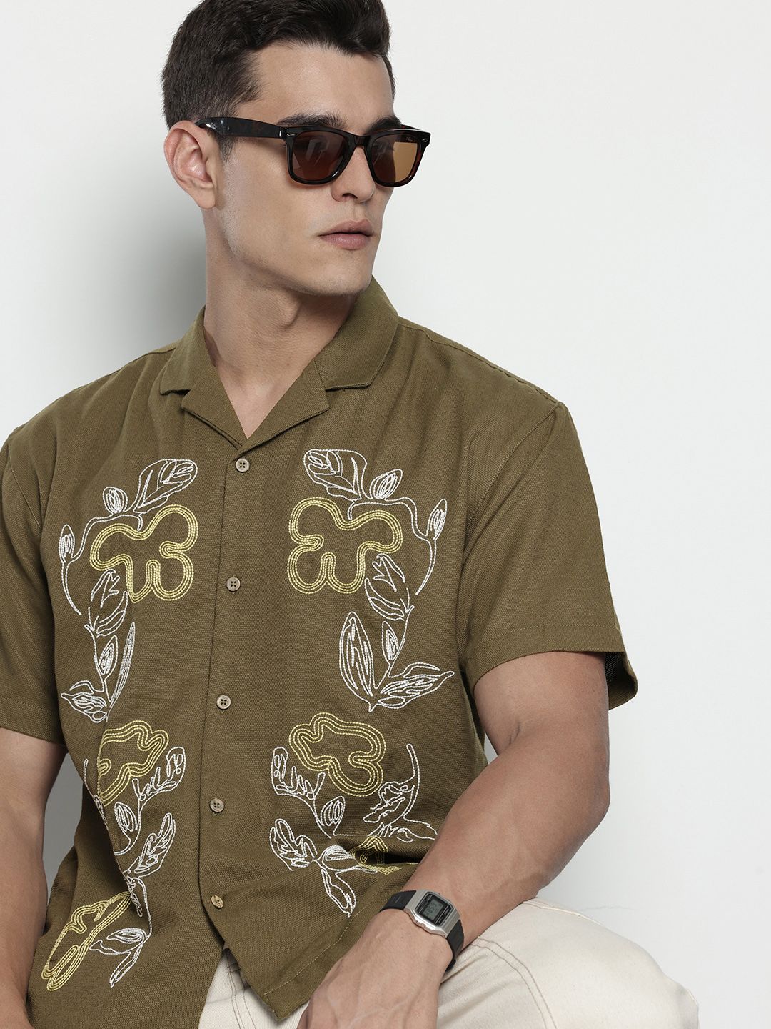 Men's Olive Relaxed Fit Solid Resort Wear Shirt