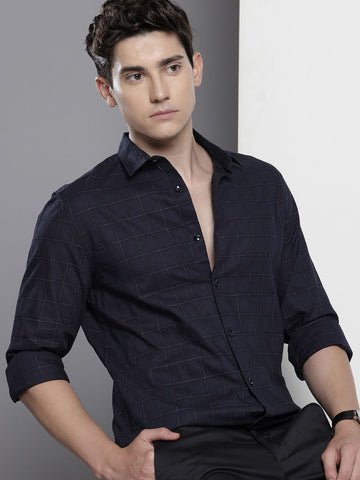 Men's Navy Blue Slim Fit Checked Casual Shirt