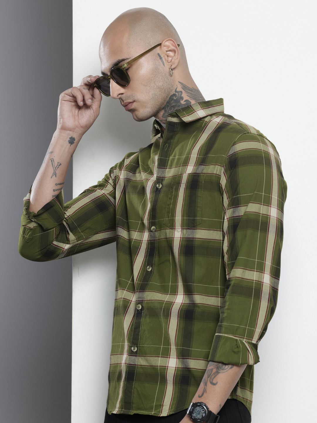 Men's Green Slim Fit Checked Casual Shirt