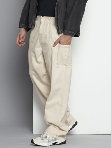 Men's Off White Wide Leg Fit Utility Jeans