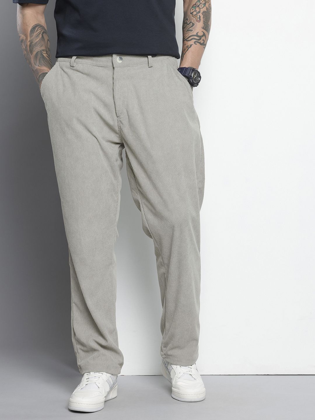 Men's Light Grey Regular Fit Textured Casual Trouser