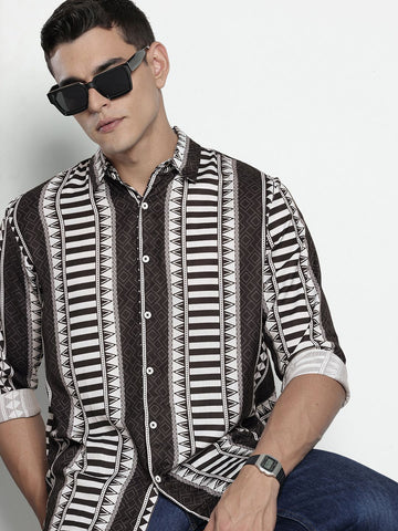 Men's Black Relaxed Fit Printed Resort Wear Shirt