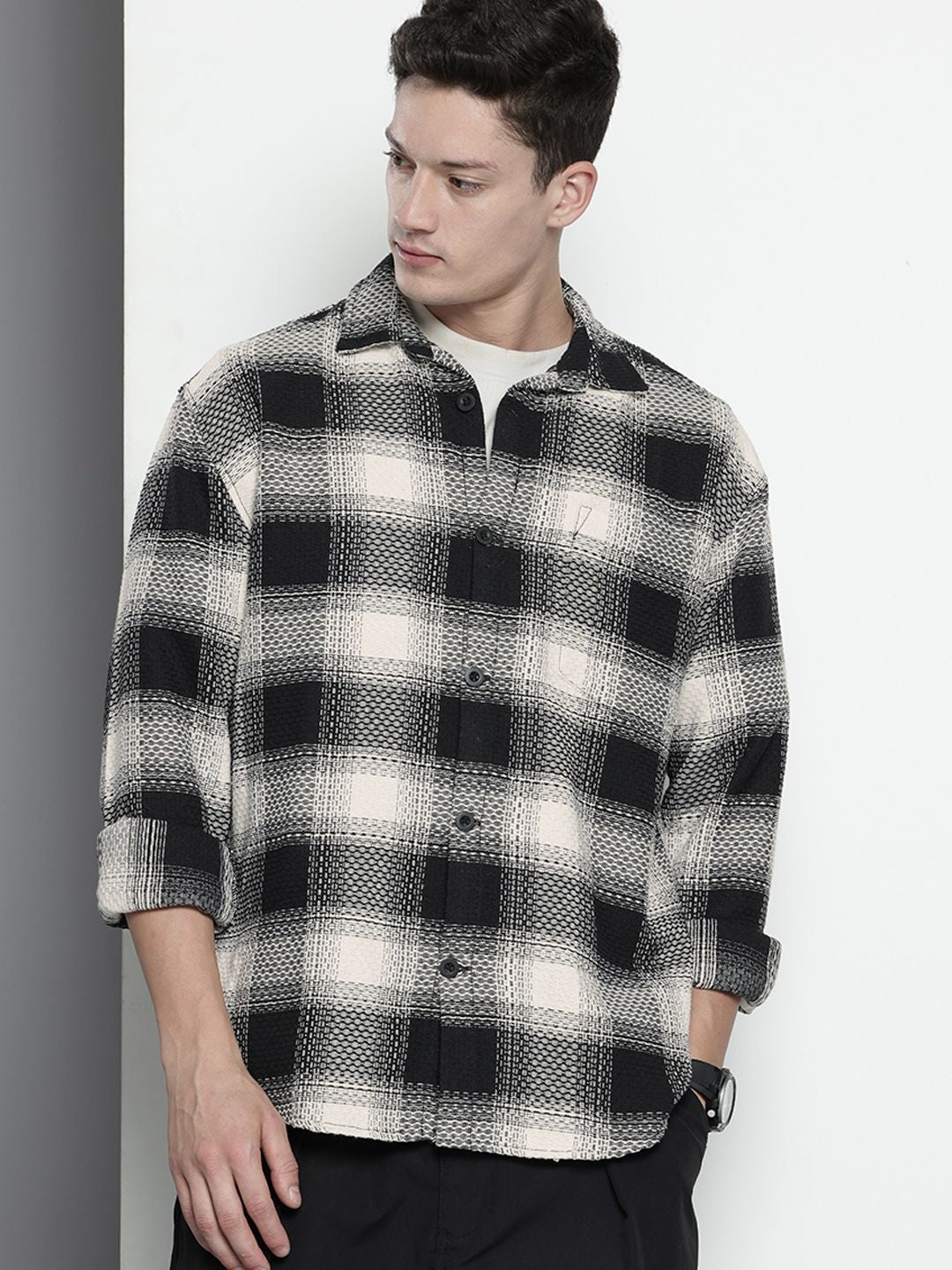 Men's Black Relaxed Fit Textured Casual Shirt