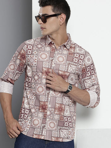 Men's Brown Regular Fit Indie Print Textured Shirt