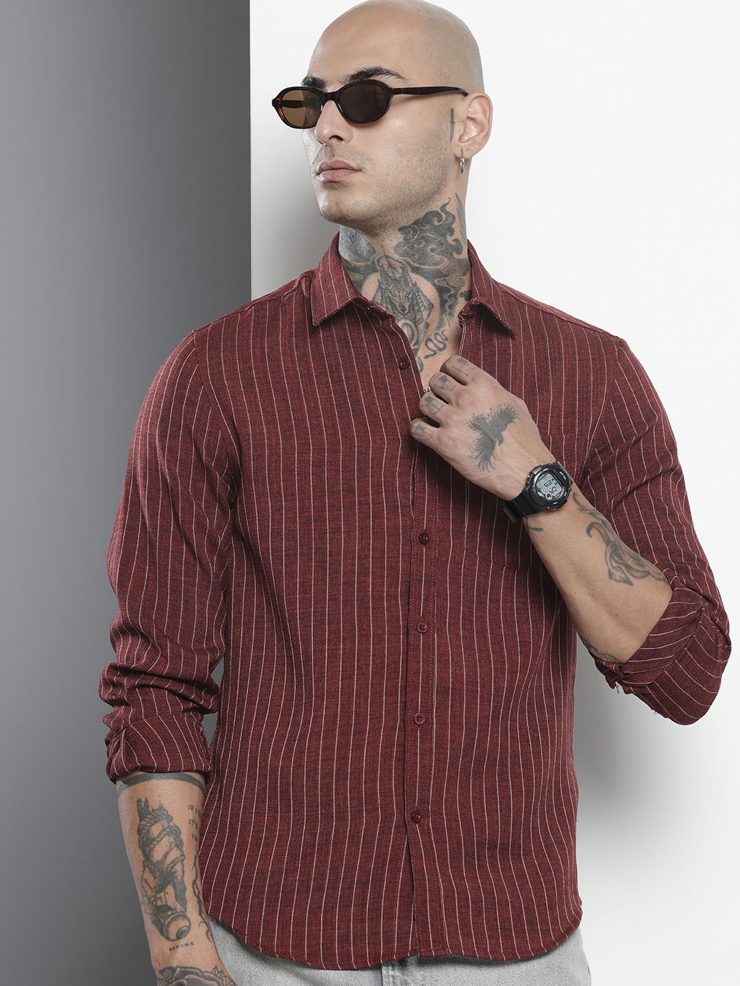 Men's Maroon Slim Fit Striped Casual Shirt
