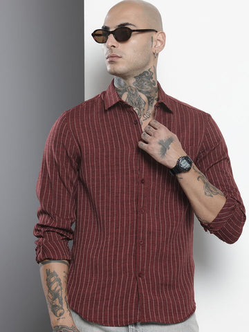 Men's Maroon Slim Fit Striped Casual Shirt