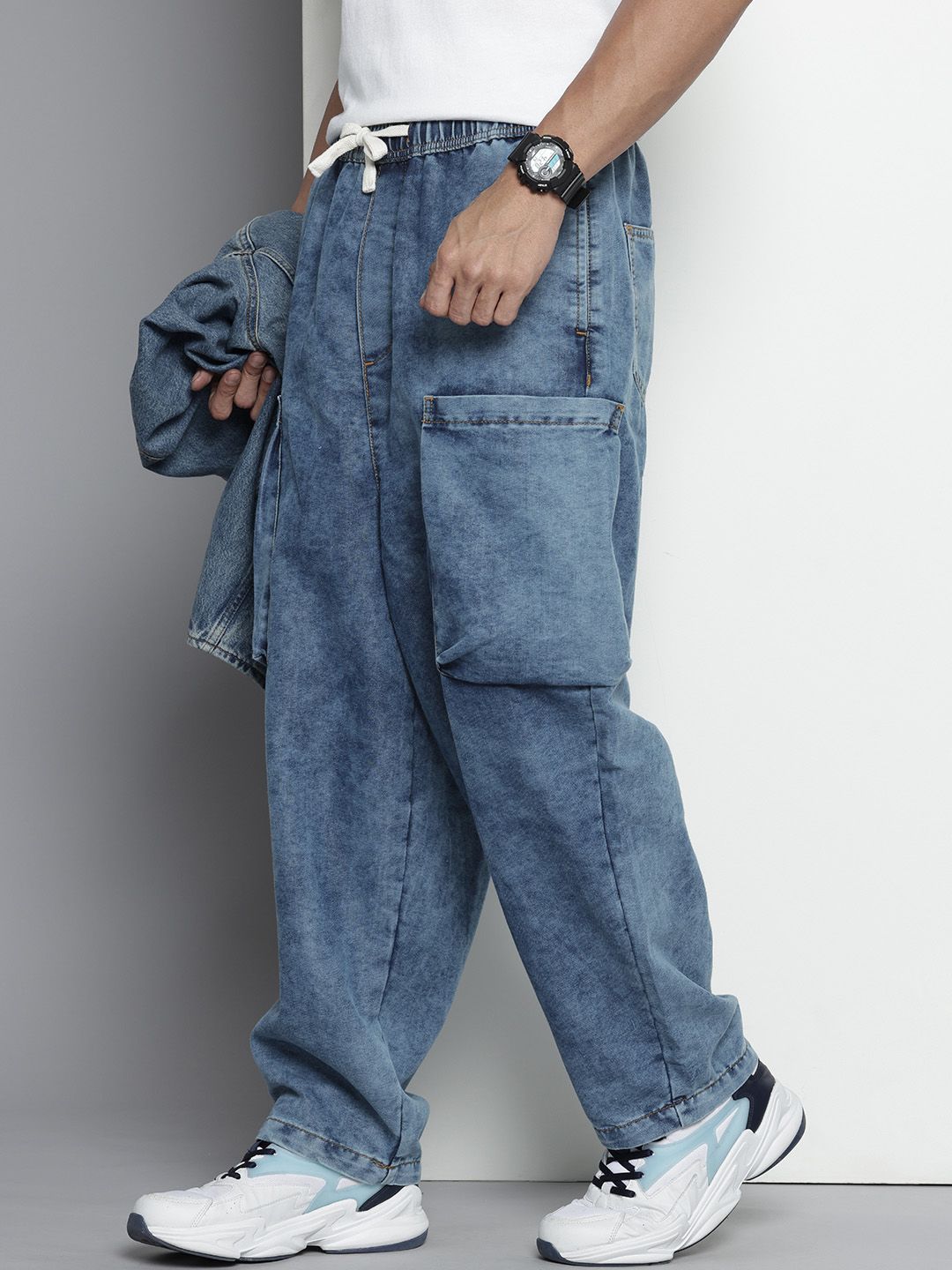 Men's Blue Relaxed Fit Solid Utility Jeans