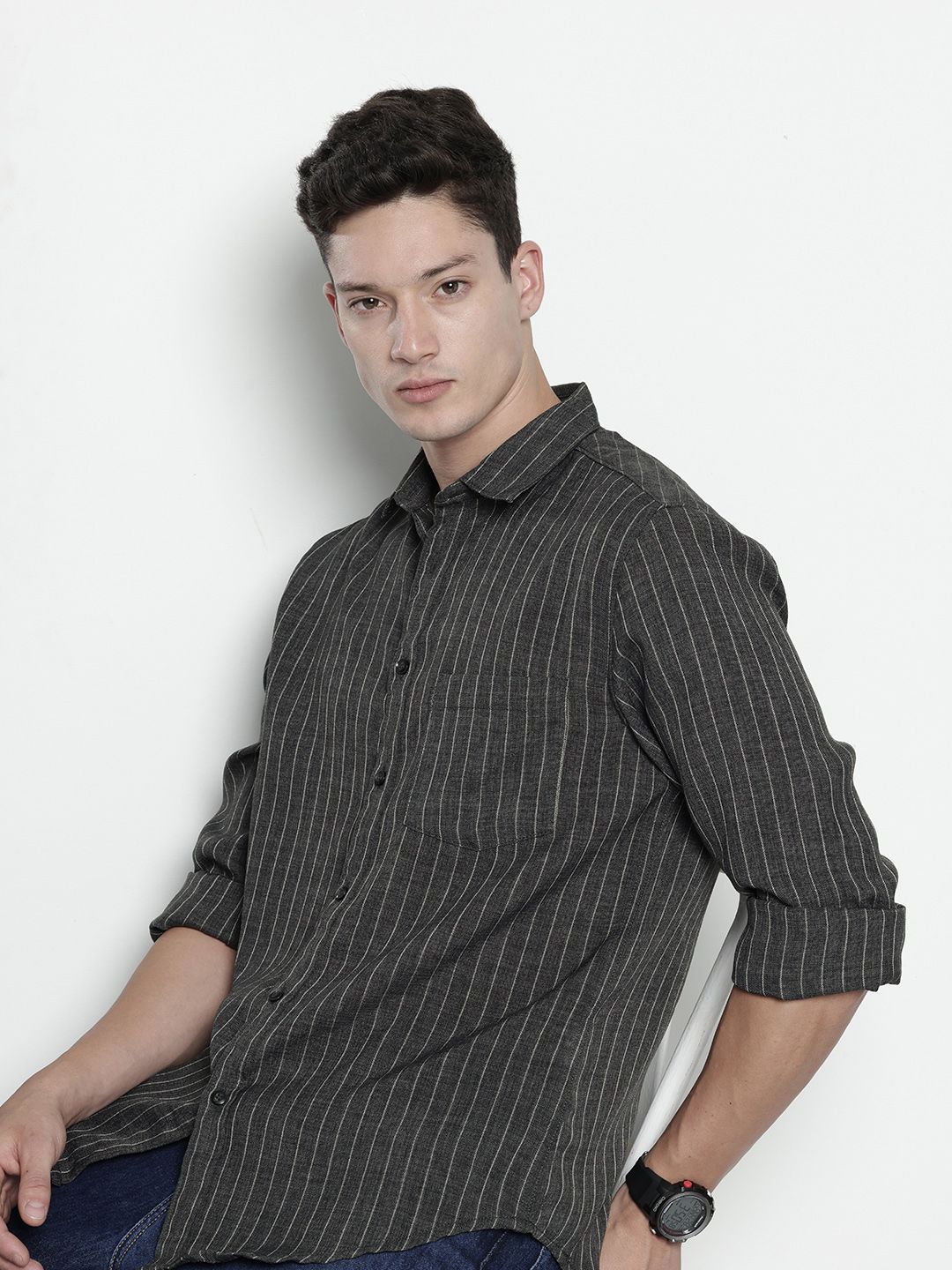 Men's Charcoal Slim Fit Striped Casual Shirt