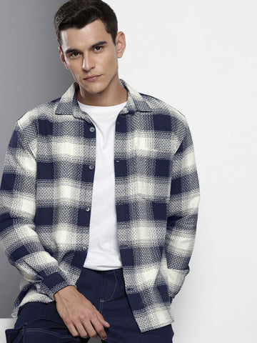 Men's Navy Blue Relaxed Fit Textured Casual Shirt
