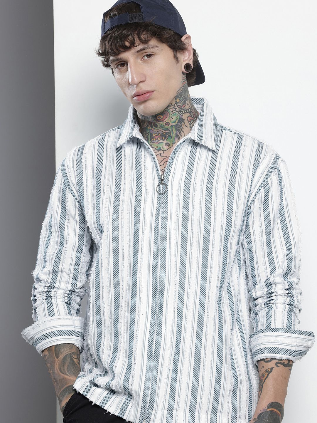 Men's Green Relaxed Fit Striped Resort Wear Shirt