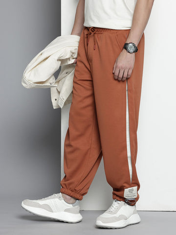 Men's Brown Relaxed Fit Textured Baggy Joggers