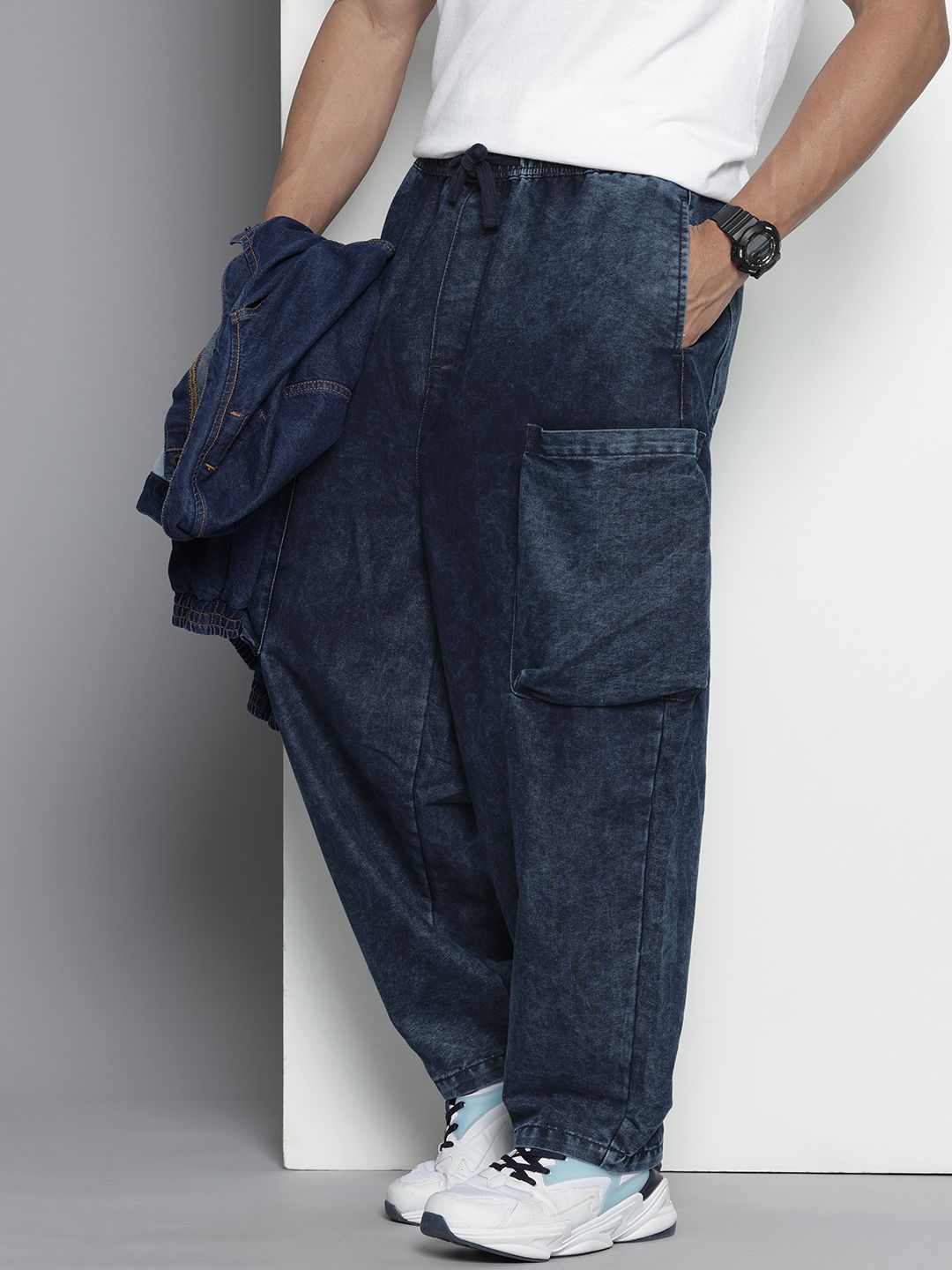 Men's Blue Loose Solid Denim Cargo Harem Pants