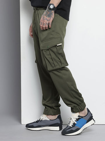 Men's Olive Relaxed Fit Textured Cargo Joggers