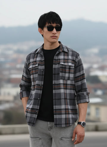 Men's Grey Regular Fit Casual Checked Shirt