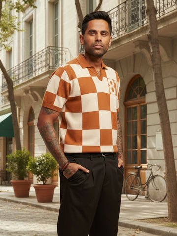 Men's Orange Oversized Fit Textured Flat Knit T-Shirt